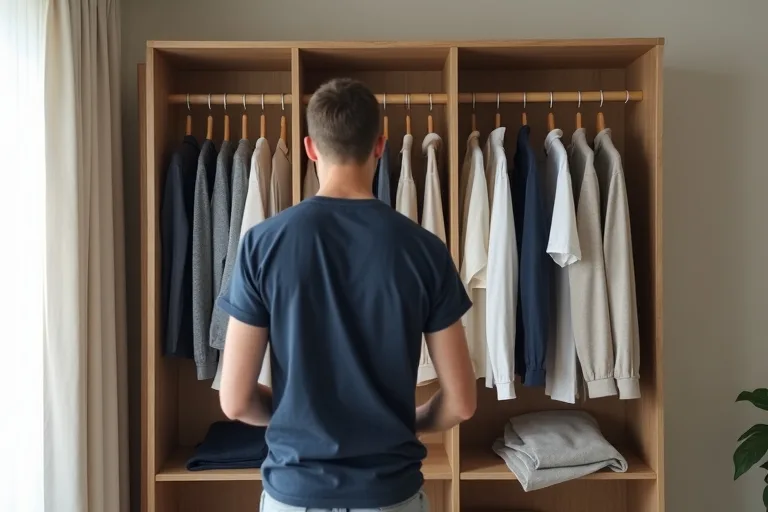 En man går igenom sin garderob och väljer mellan neutrala basplagg för att bygga en mer genomtänkt kapselgarderob.