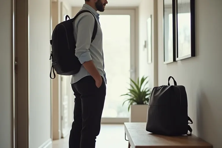 En man jämför två laptopryggsäckar i en ljus hall, en enklare modell och en mer påkostad modell.