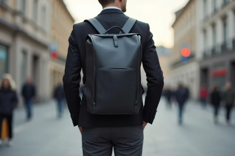 En man med en minimalistisk laptopryggsäck i en urban pendlingsmiljö på väg till jobbet.