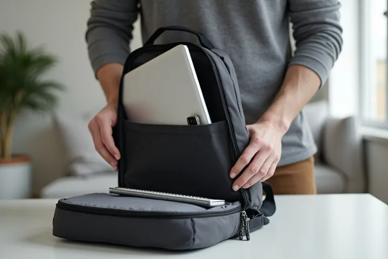 En man packar en laptopryggsäck med dator, laddare och anteckningsbok i en lugn inomhusmiljö.