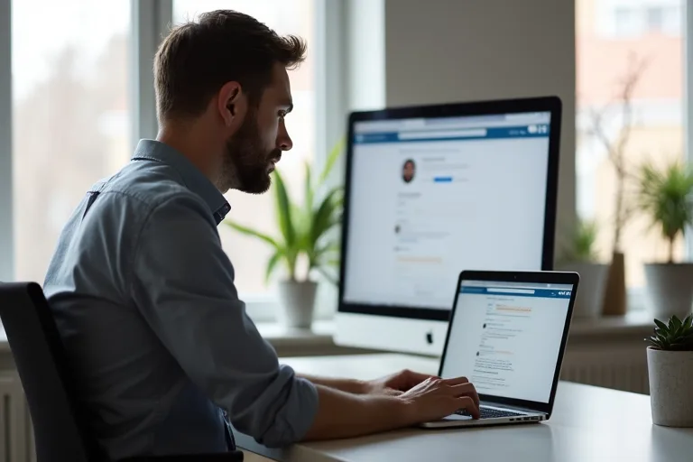 En man sitter vid ett skrivbord och redigerar sin LinkedIn-profil på en laptop i en ljus och enkel arbetsmiljö.