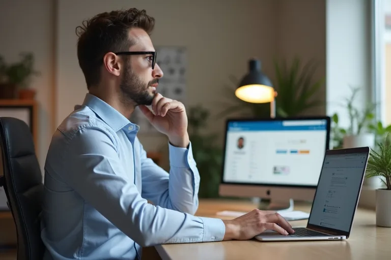 En man sitter vid en dator och uppdaterar sin LinkedIn-profil i en lugn och modern arbetsmiljö.