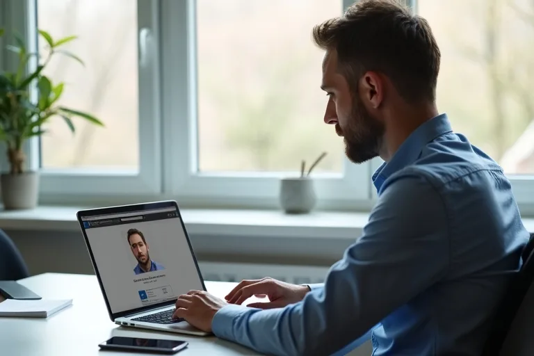 En man uppdaterar sin LinkedIn-profil på laptop vid ett rent skrivbord i hemmakontor.