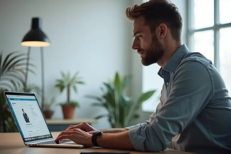 En man sitter vid en dator och granskar sin LinkedIn-profil i en ljus, modern arbetsmiljö.