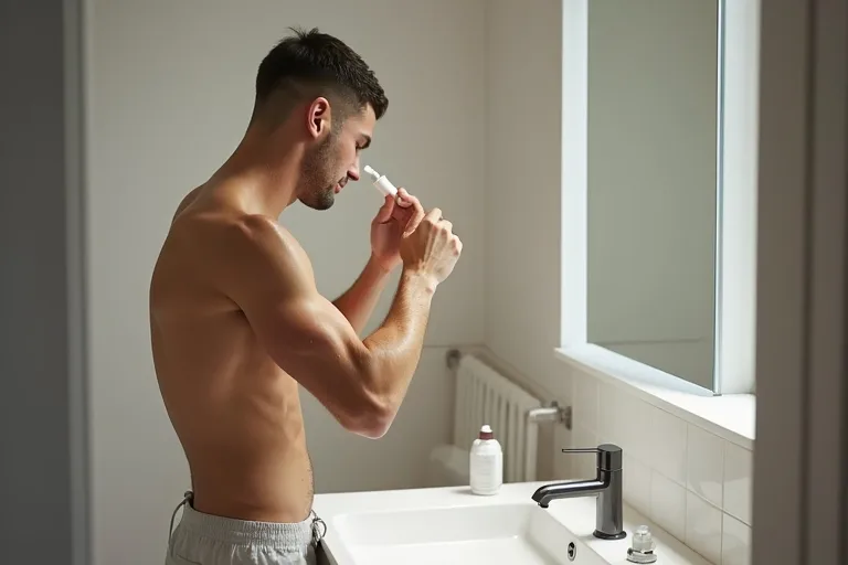 En man applicerar en lätt fuktkräm i ansiktet efter att ha tvättat huden vid en badrumsspegel.