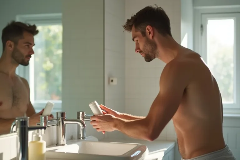 En man tvättar ansiktet vid ett badrum handfat med hudvårdsprodukter bredvid sig.