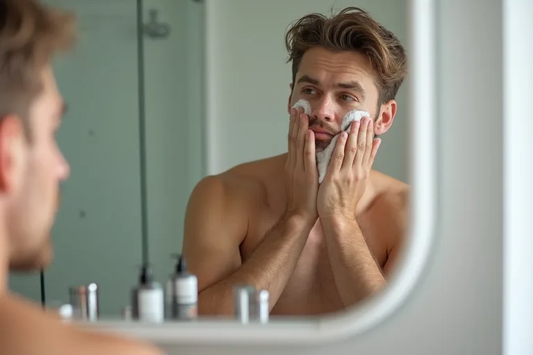 En man tvättar ansiktet i ett rent badrum med en enkel hudvårdsrutin för oljig hud.