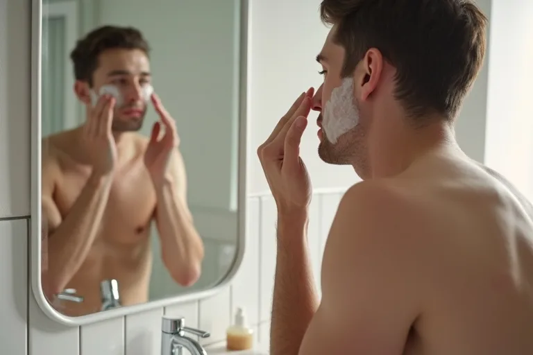 En man tvättar ansiktet varsamt vid badrumshandfatet med hudvårdsprodukter framme bredvid.