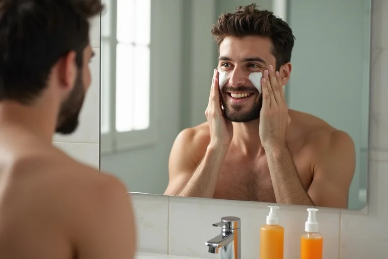 En man applicerar en lätt fuktkräm efter att ha tvättat ansiktet i ett ljust badrum med hudvårdsprodukter på handfatet.