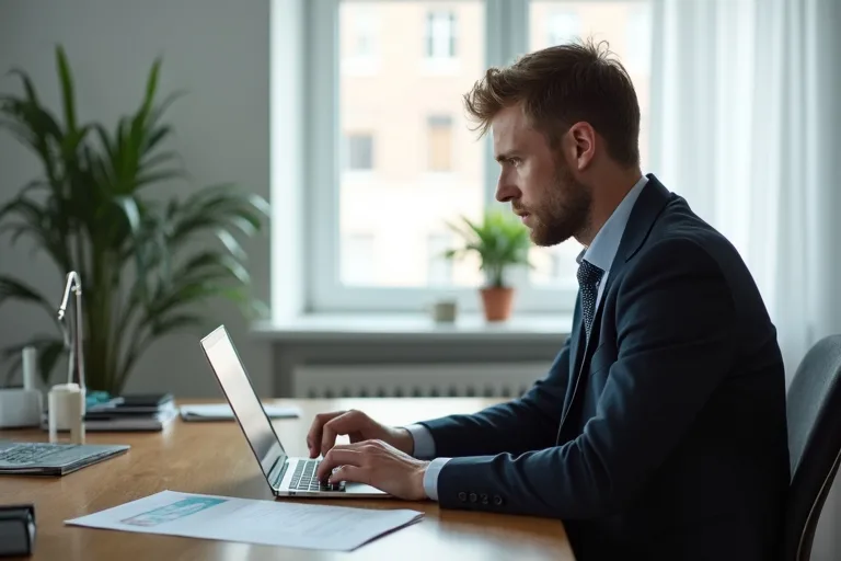 En man sitter vid ett skrivbord och går igenom ett personligt brev och sitt CV inför en jobbansökan.