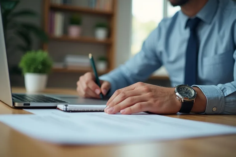 En man skriver ett personligt brev vid en ren arbetsplats med laptop, anteckningar och penna.