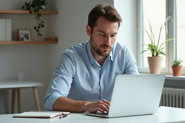 En man sitter vid ett skrivbord och går igenom ett personligt brev på datorn och i ett anteckningsblock.