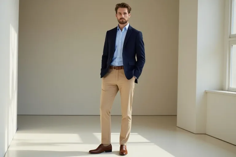 En man i okonstruerad kavaj, Oxfordskjorta, chinos och loafers står i en stilren miljö med ett avslappnat men välklätt intryck.