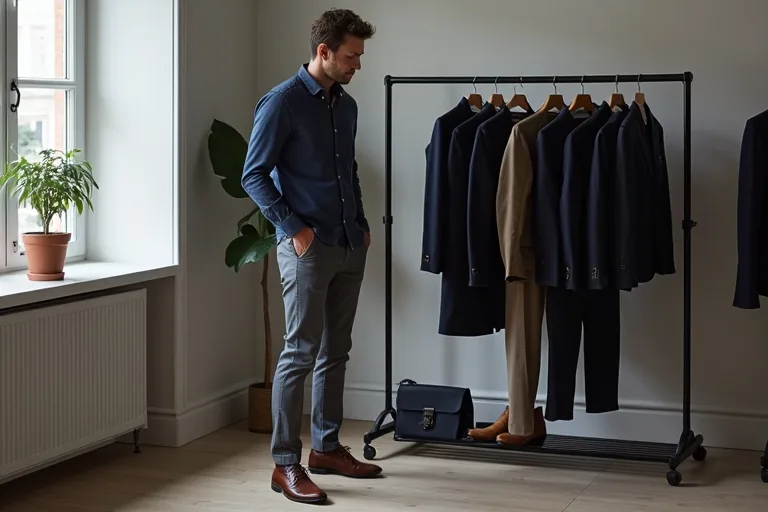 En man tittar på en smart casual-outfit med chinos, overshirt och sneakers i ett ljust modernt rum.