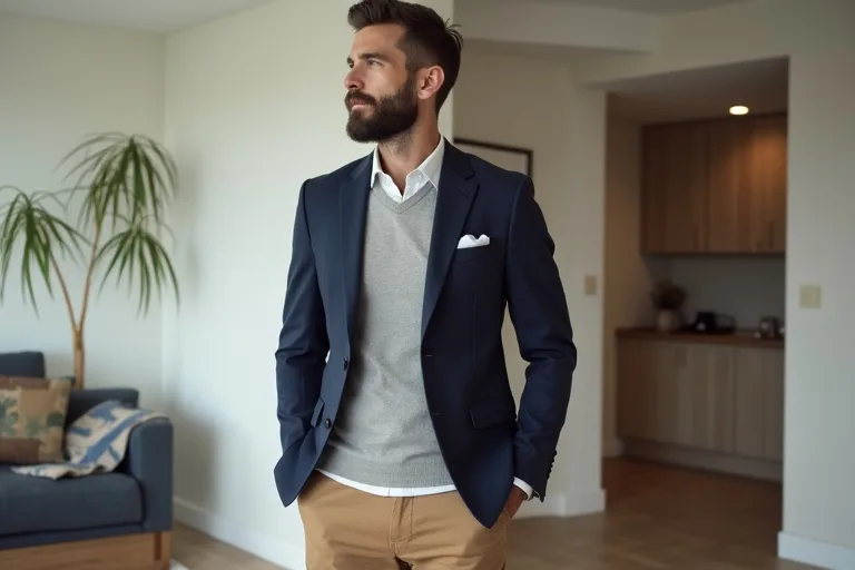 En man står avslappnat klädd i smart casual med kavaj, ljus överdel, chinos och rena loafers i en modern inomhusmiljö.