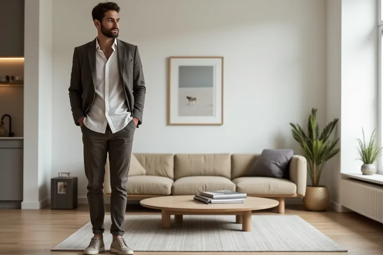 En man i smart casual-kläder med chinos, skjorta, kavaj och rena sneakers i en ljus modern miljö.