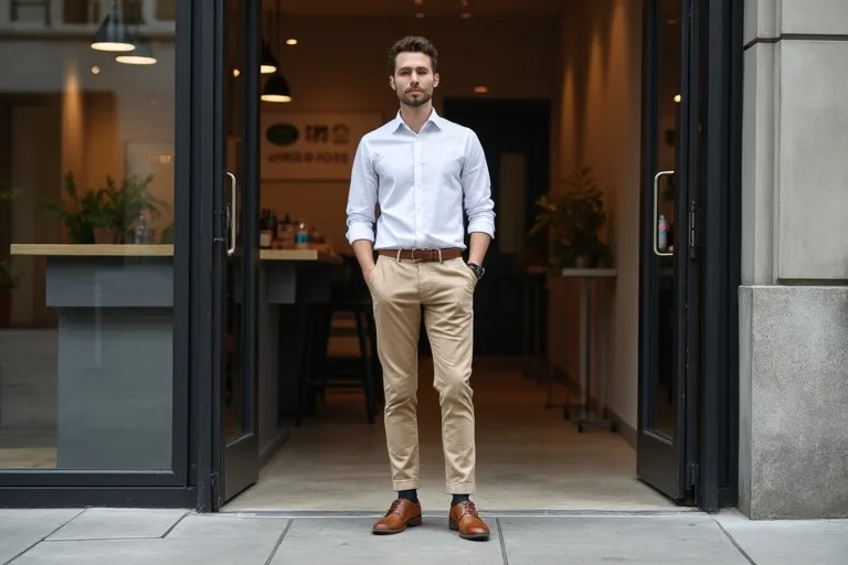 En man i smart casual-klädsel med skjorta, chinos och rena sneakers står avslappnat utomhus i en stadsmiljö.