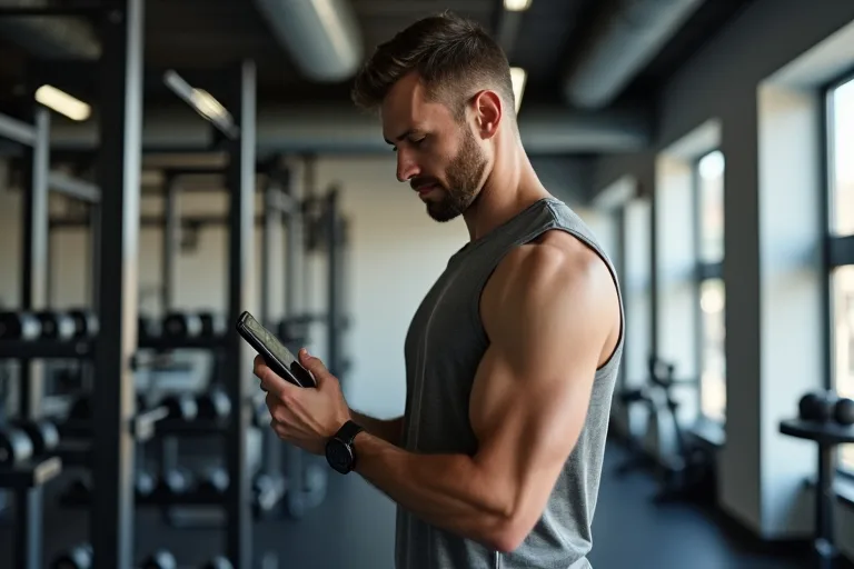 En man på gymmet förbereder ett enkelt styrkepass och tittar på sin träningsplan innan han börjar träna.