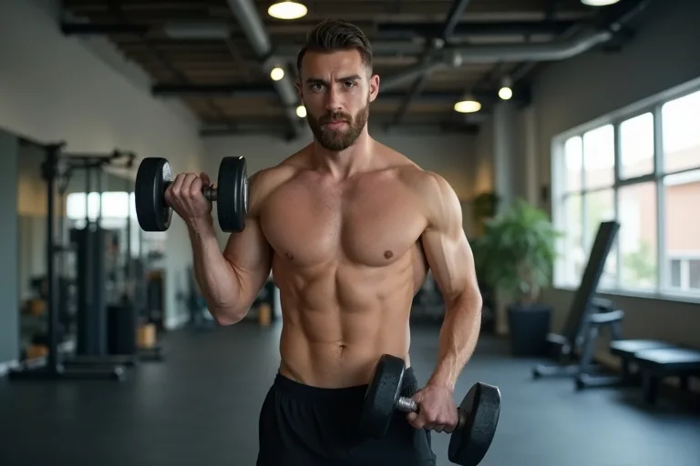 En man tränar styrketräning med hantlar på ett gym och fokuserar på kontrollerad teknik.