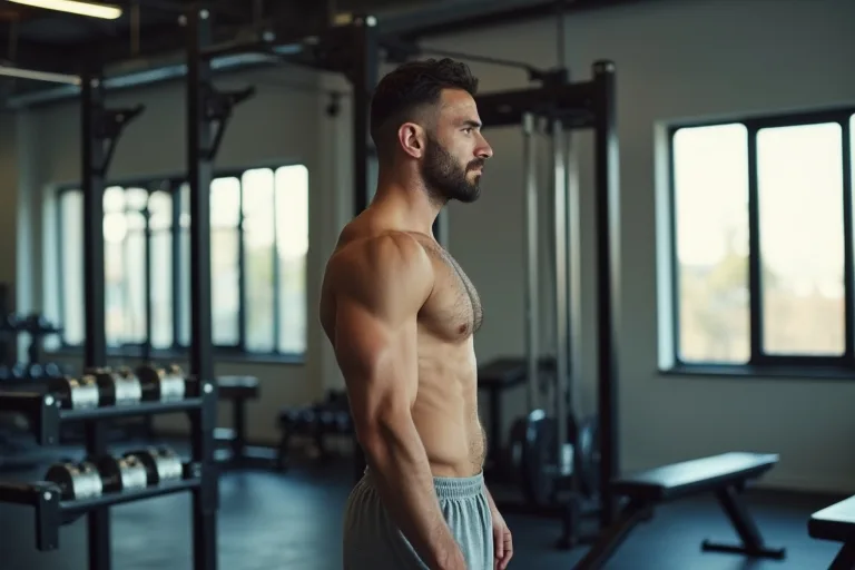 En man i gymmet förbereder sig för ett nybörjarpass med hantlar och träningsbänk i en lugn, modern miljö.