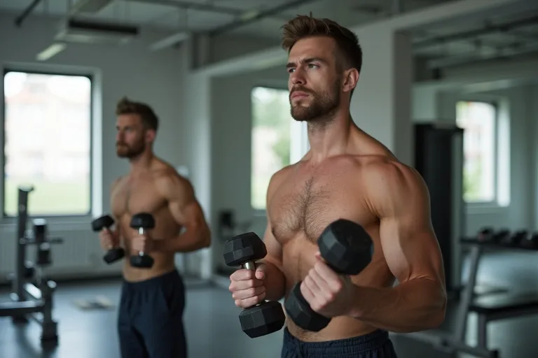 En man i gymmet kontrollerar sin teknik med lätta hantlar framför en spegel.