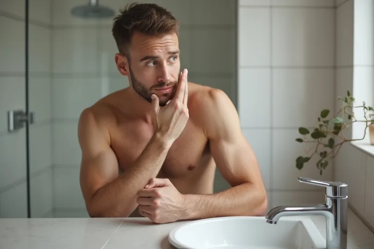 En man smörjer in ansiktet med fuktkräm vid handfatet efter dusch i ett ljust badrum.