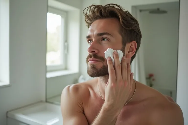 En man applicerar fuktkräm i ansiktet efter att ha tvättat sig i ett ljust och enkelt badrum.