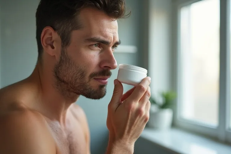 En man applicerar fuktkräm i ansiktet efter att ha tvättat huden i ett enkelt badrum.