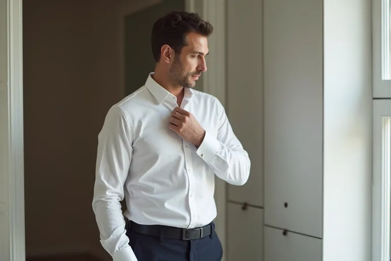 En man justerar en vit skjorta framför spegeln i ett stilrent rum