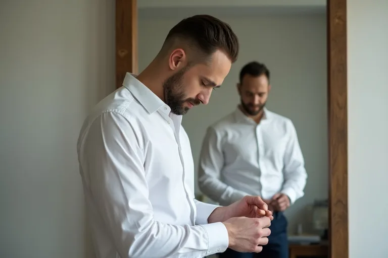 En man i vit skjorta justerar manschetten framför en spegel i ett ljust, avskalat rum.