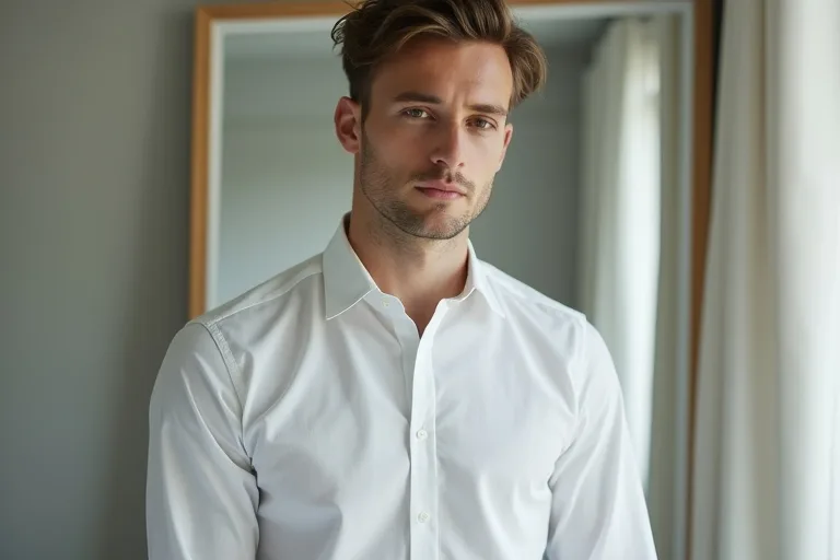 En man står framför spegeln i en välsittande vit skjorta och justerar kragen i ett ljust, avskalat rum.