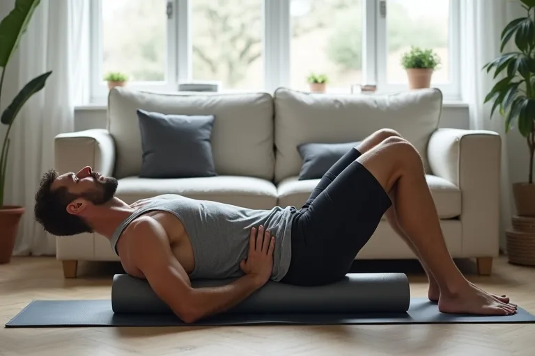 Man som använder foam roller hemma för att minska stelhet och återhämta sig