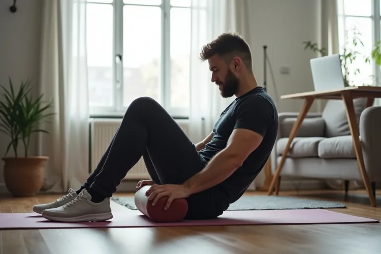 Närbild på en foam roller som används i en lugn hemmamiljö