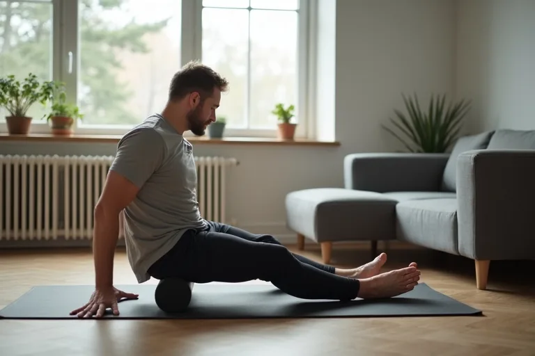 Man som använder foam roller för lår och vader efter arbete eller träning