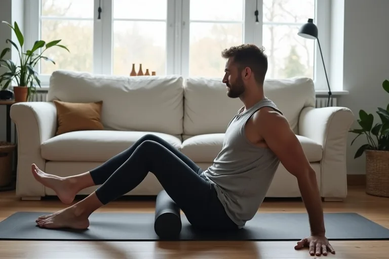 Man som förbereder foam roller hemma för en enkel återhämtningsrutin