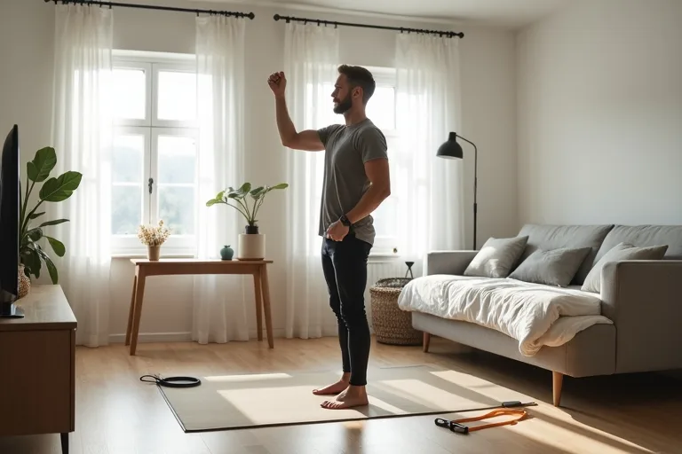Man som startar morgonen med mjuk rörlighet i ett vardagsrum