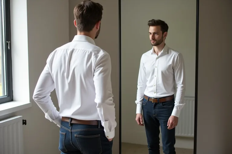 En man jämför passformen på mörka jeans i ett provrum
