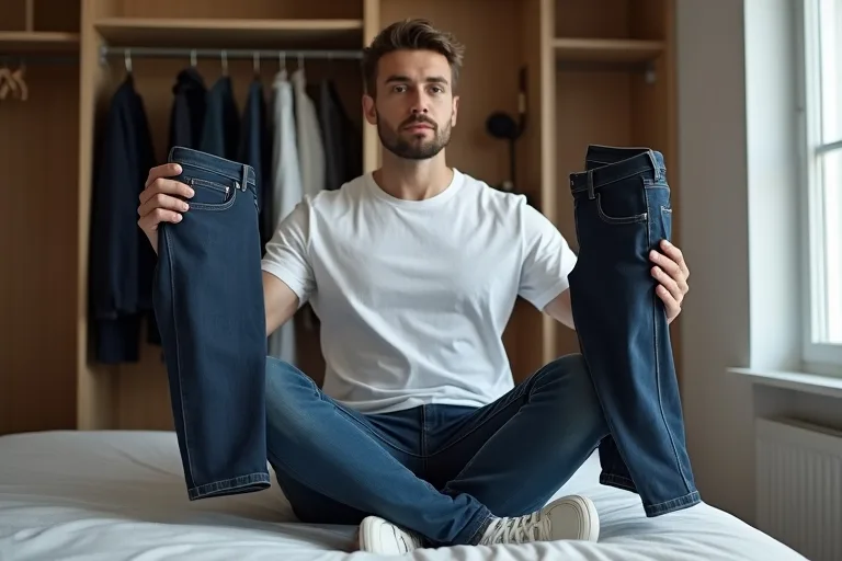 Mörka jeans jämförs mot andra vardagsplagg för att bedöma kvalitet och användbarhet