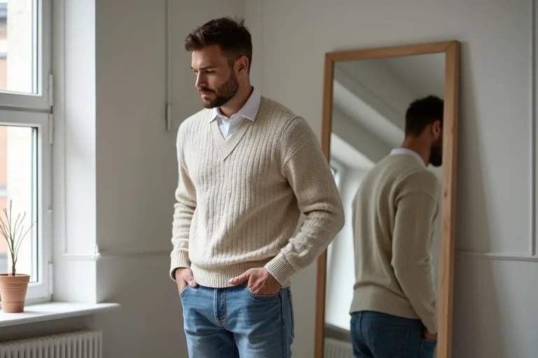 Stickad tröja matchad med skjorta i en enkel svensk vardagsoutfit