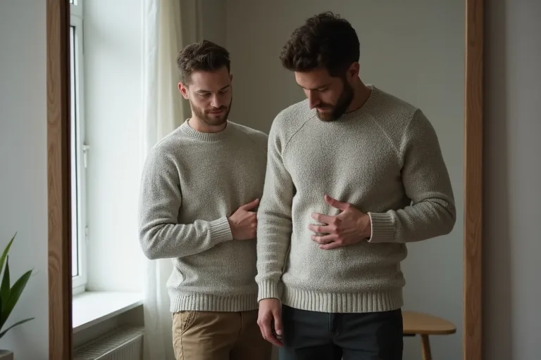 Stickad tröja lagd bredvid en skjorta och jeans för att visa skillnaden mellan enkel budgetstil och mer genomarbetad premiumkänsla.