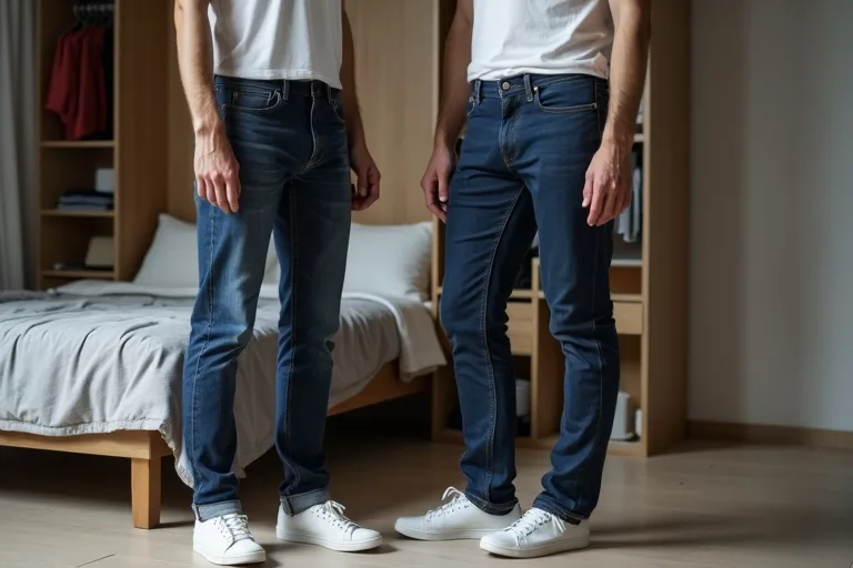 En man använder mörka jeans som en del av en enkel och praktisk vardagsoutfit