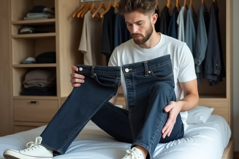 Närbild på mörka jeans där tyg, sömmar och passform går att bedöma