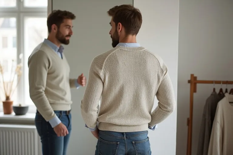 Närbild av stickad tröja i en neutral färg som fungerar i en vardagsgarderob