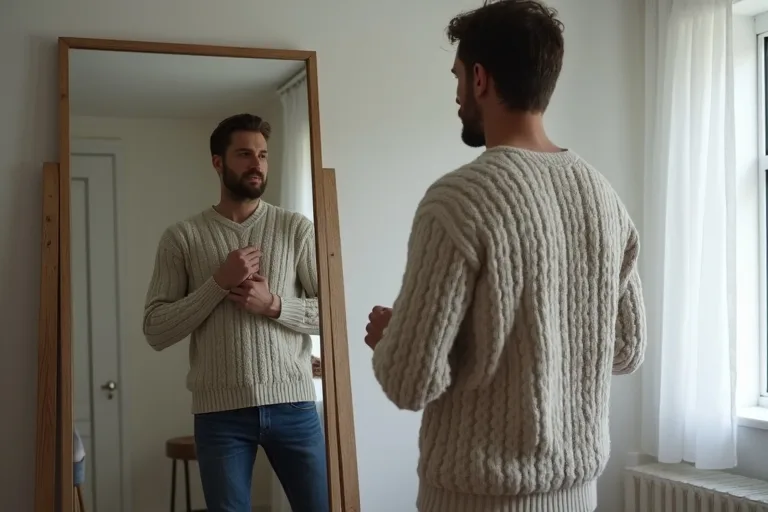 Man provar en stickad tröja i en modern lägenhet för att jämföra budget och premium.