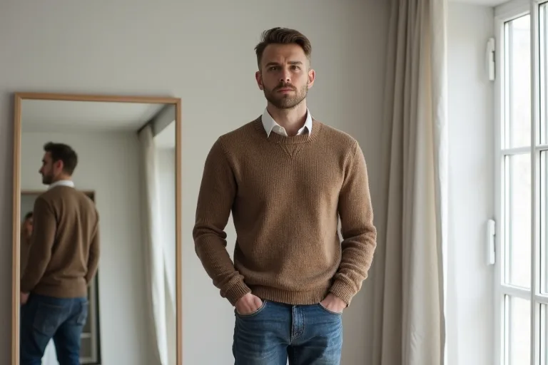 Man kombinerar stickad tröja med ytterplagg i en vardagsnära smart casual stil