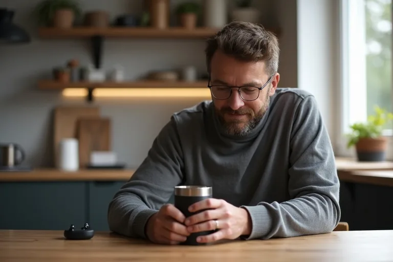 Man väljer teknikpresenter på ett bord med en resemugg och trådlösa hörlurar