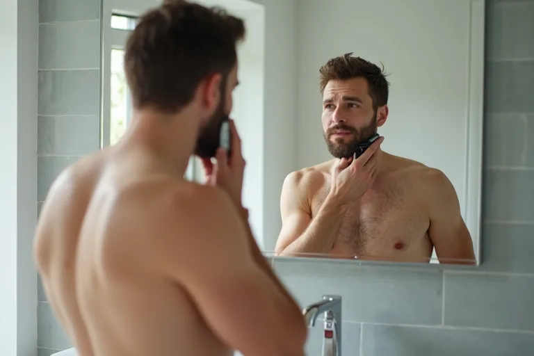 Rakning av hals och käklinje med Philips OneBlade i ett modernt badrum