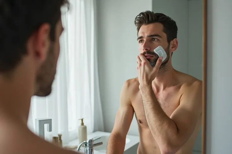 Man som använder Philips OneBlade för att trimma skägget i badrummet
