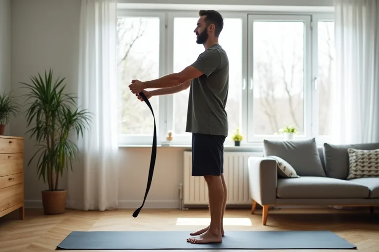 En man använder ett gummiband i en enkel hemmarutin för rörlighet.