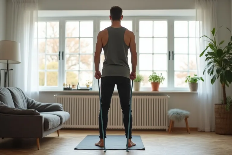 En svensk man gör lugna morgonrörelser hemma i ett ljust rum.